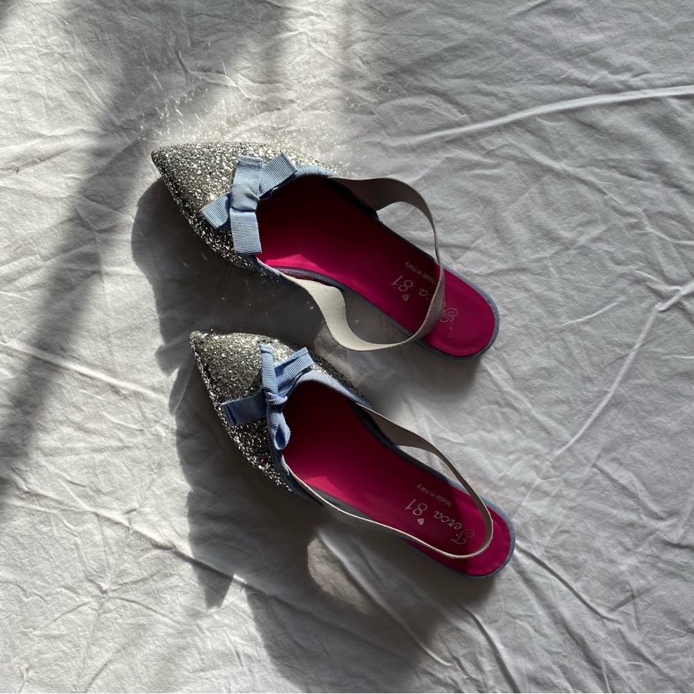 Ferca 81 Silver Glitter Pointed Toe Elastic Slingback Flats